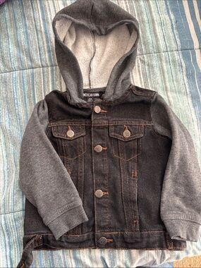 Kids' Hooded Black Denim Jacket with Gray Sleeves - American Hawk